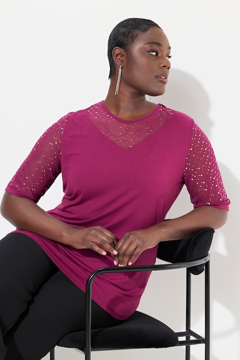 T-Shirt, Classic Fit, Mesh mit Pailletten, Jersey-Unterlage