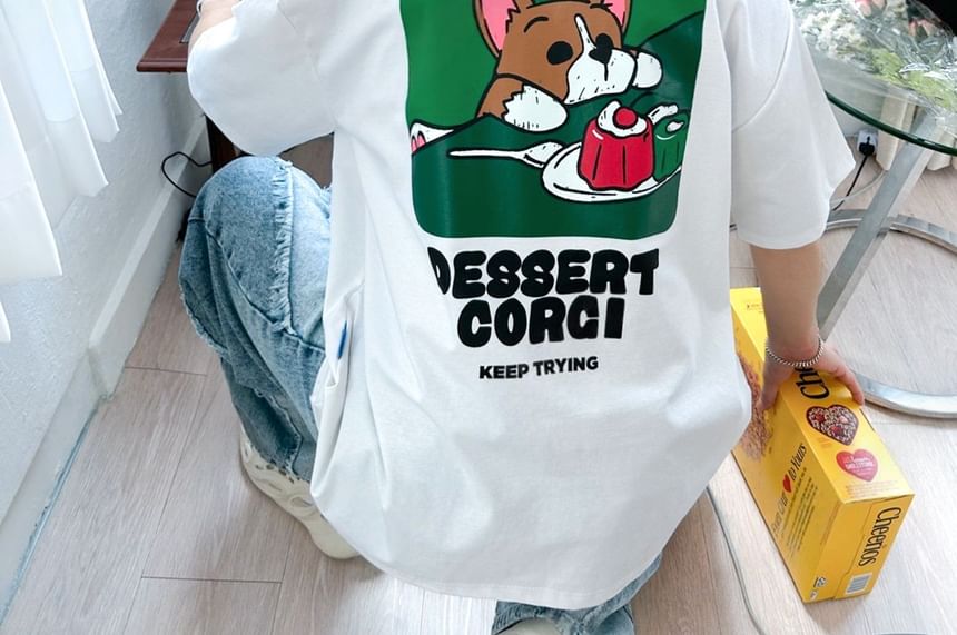 SeoulPop - T-shirt met korte mouwen en hondenprint, losvallend