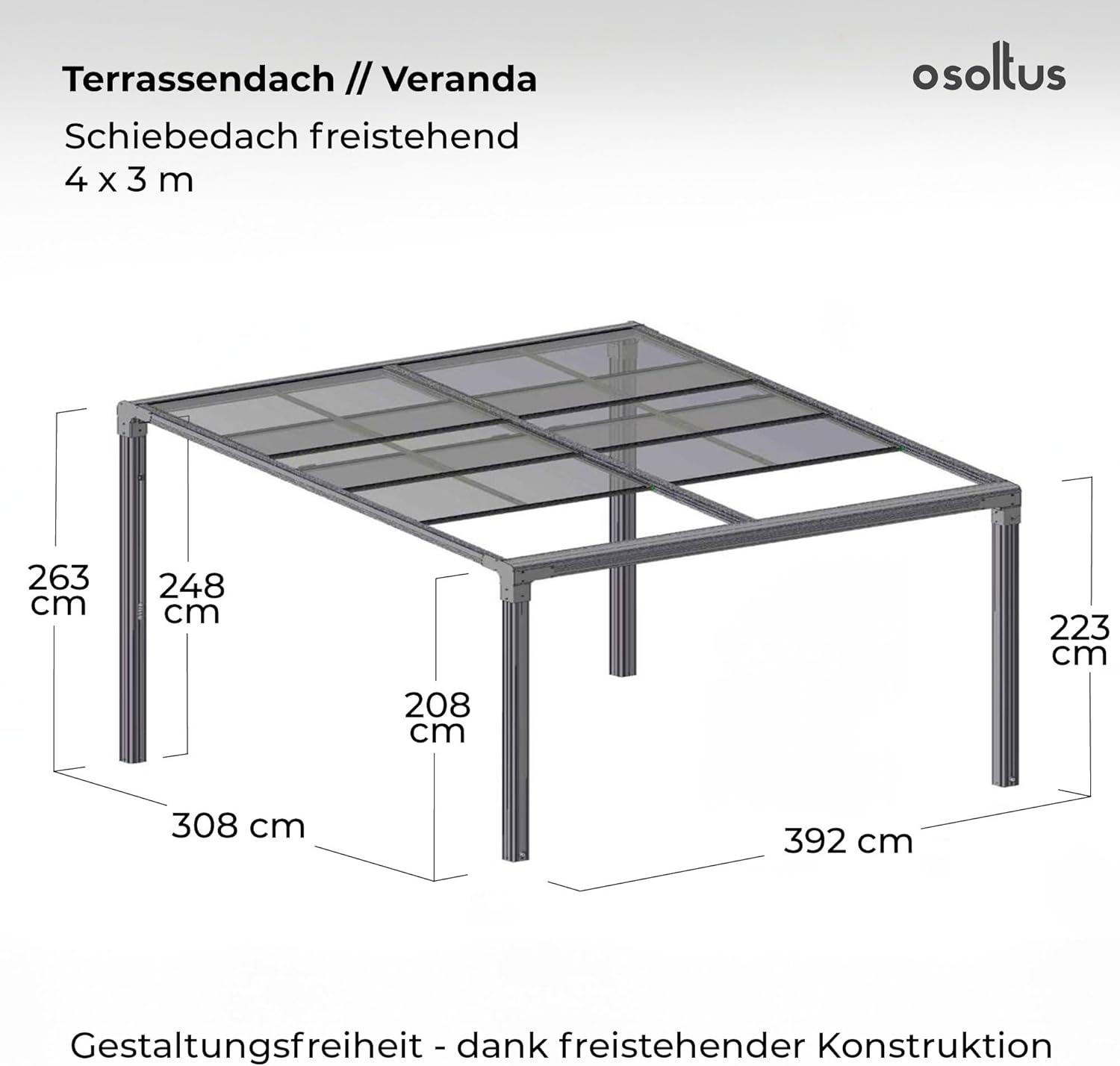 Terrassendach Veranda freistehend mit Schiebedach | Cabrio Überdachung pulverbeschichtet anthrazit (4 x 3m)