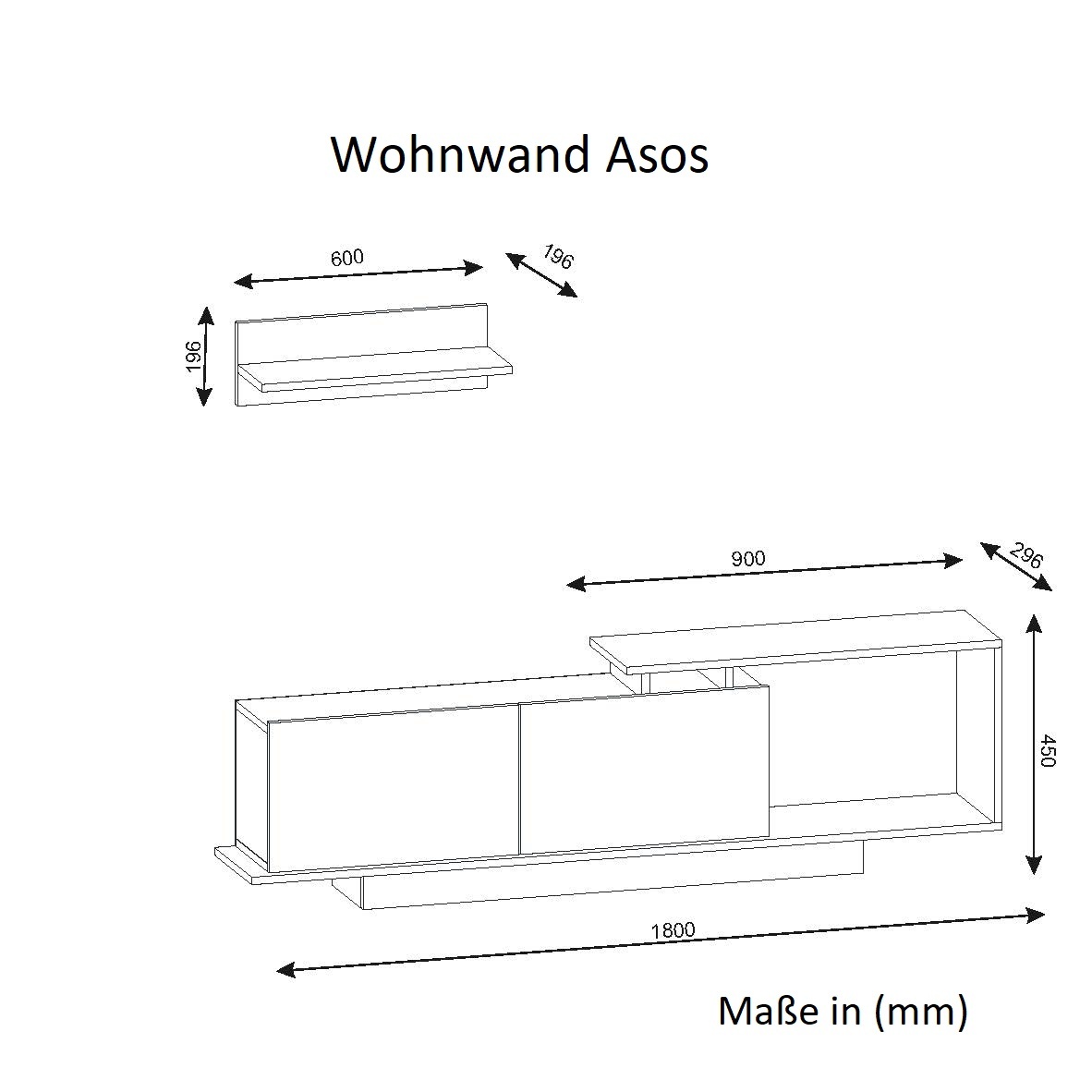 Wohnwand - weiß-walnuss - mit Wandregal - 180 cm breit