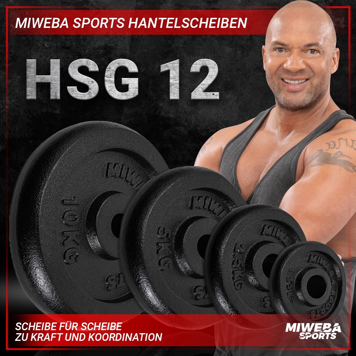Miweba Sports Hantelscheiben HSG12, 4x 1,25 kg Hantel-Gewichte, passend für Ø 30mm, Set, Gusseisen