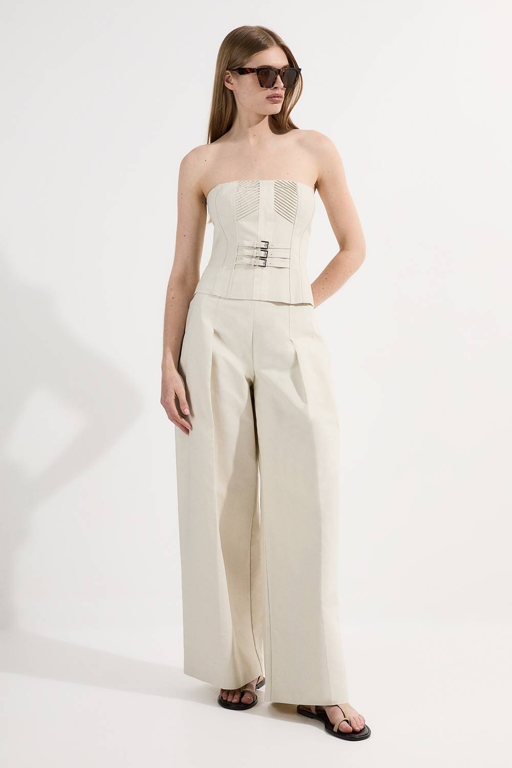KarenMillen Collection Archive – Pantalon Tailleur en Coton Pintuck Grosgrain à Jambe Large