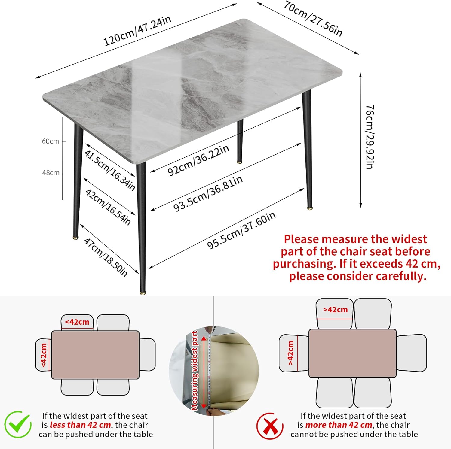 FATIVO Esszimmertisch Marmor Esstisch 120x70cm, Küchentisch klein 4 Personen schmaler Esstisch einfach Wohnzimmer Grau Hochglanz Skandinavisch Tische für Esszimmer Restaurant Metall Tischbeine