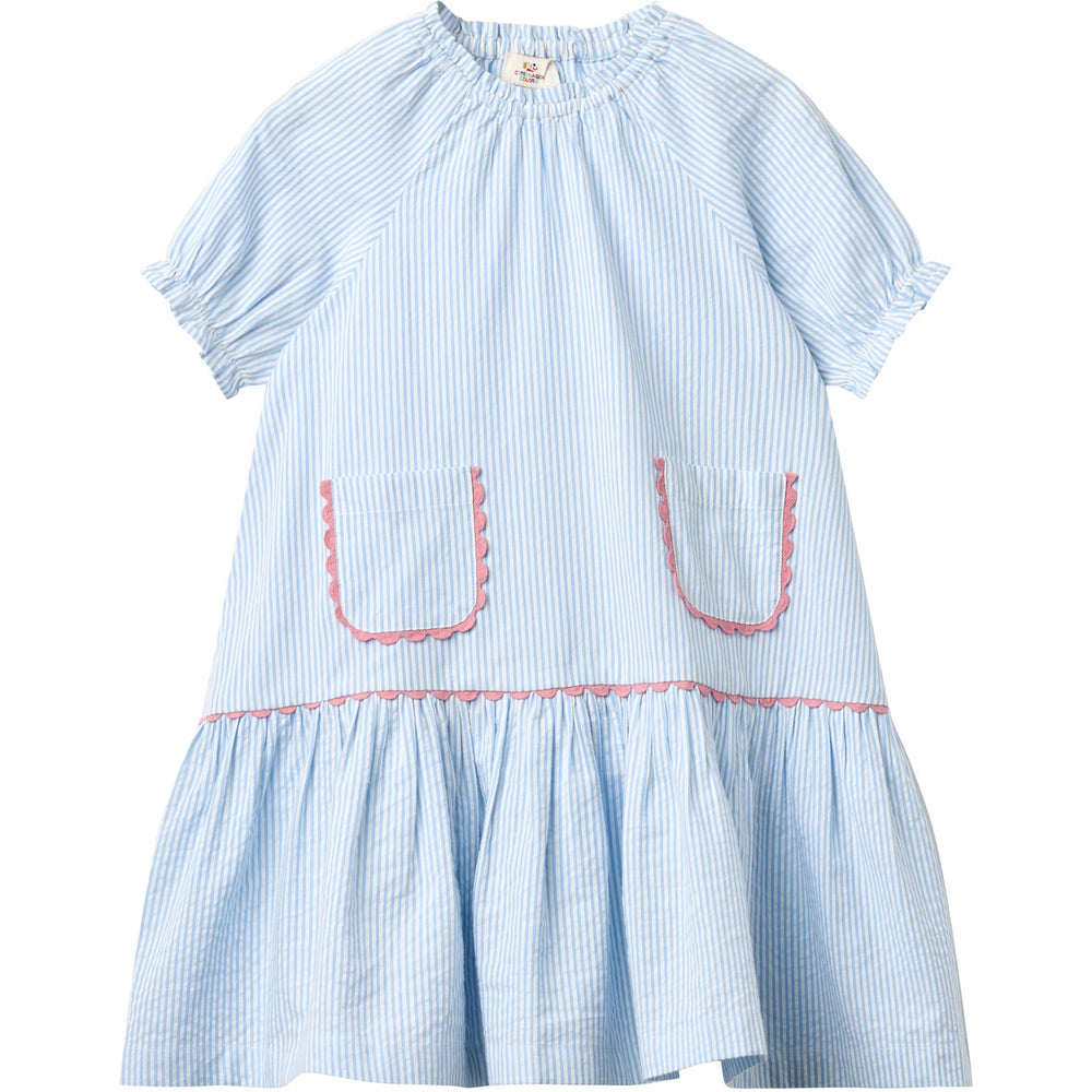 Køb COPENHAGEN COLORS Sky Blue W Cream Stripe Seersucker Kjole W. Pockets