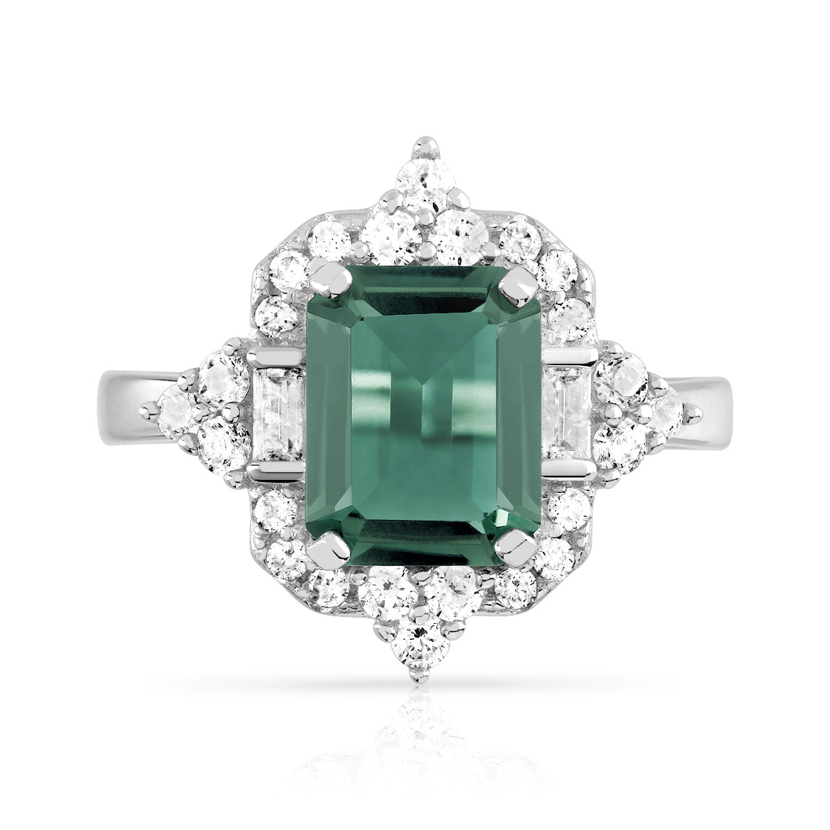Bague argent 925 pierre imitation verte rectangulaire et zirconias