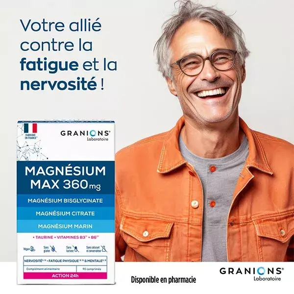 Granions Magnésio Max 360 mg Ajuda a reduzir o estresse e a fadiga. Ação 24h. 90 comprimidos.