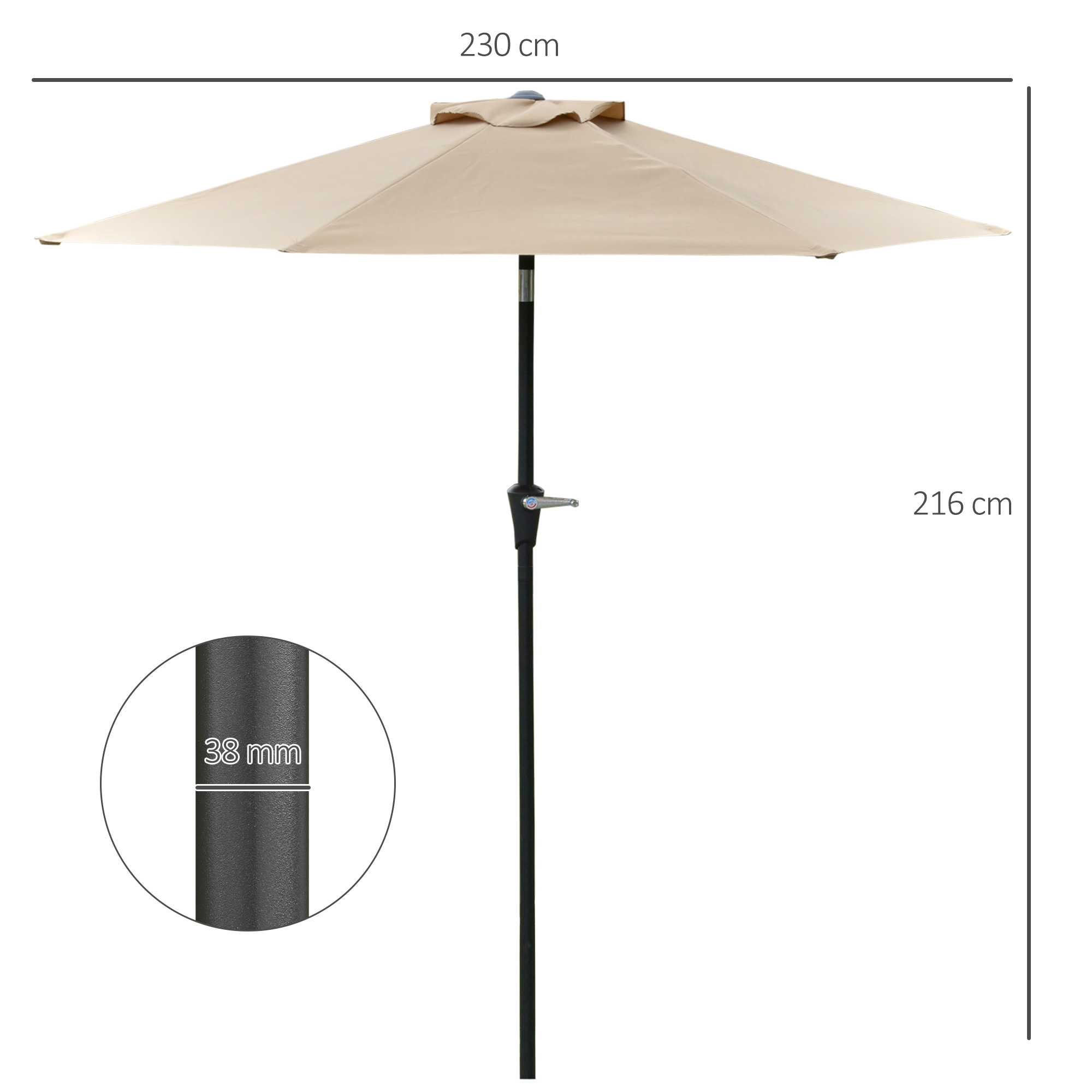 Guarda-sol de jardim Outsunny Ø230x216 cm, basculante, com abertura manual, impermeável, para pátio e piscina, cor cáqui.