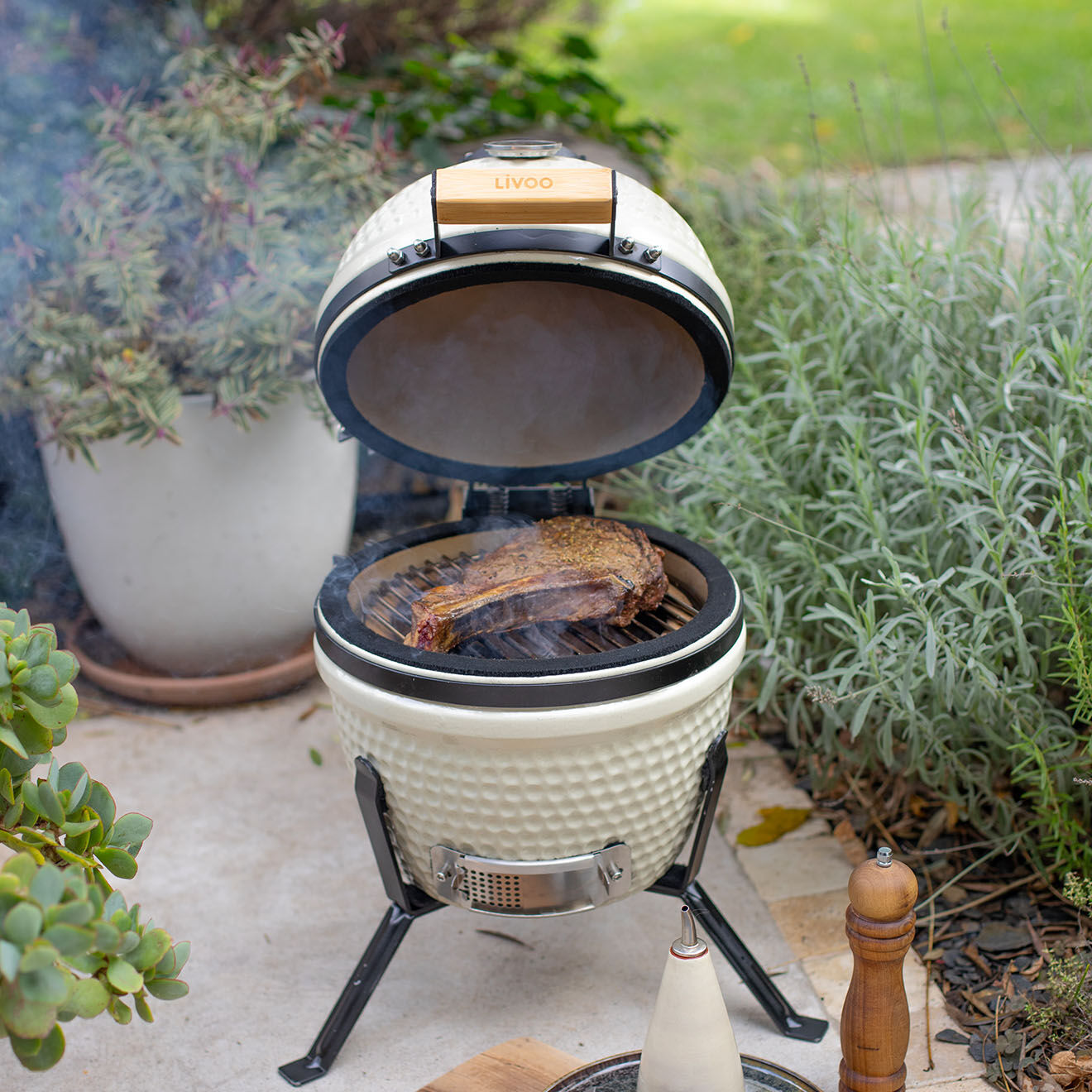 Livoo Barbecue céramique Kamado écru - 35x40.5x55 cm