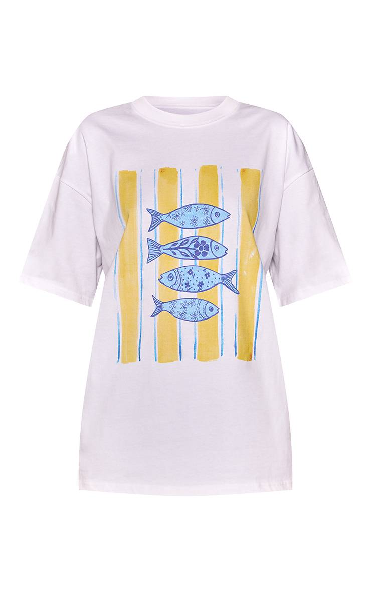 Blanc T-shirt Oversize En Coton Épais Avec Motif Sardines