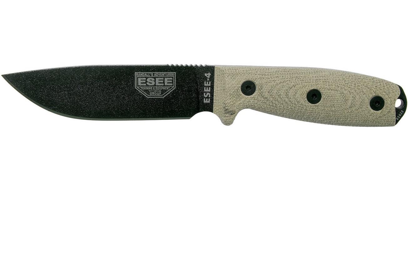 ESEE Model 4 Black Blade 3D Green Canvas Micarta survivalmes 4PB-017 zwarte schede   riemclip