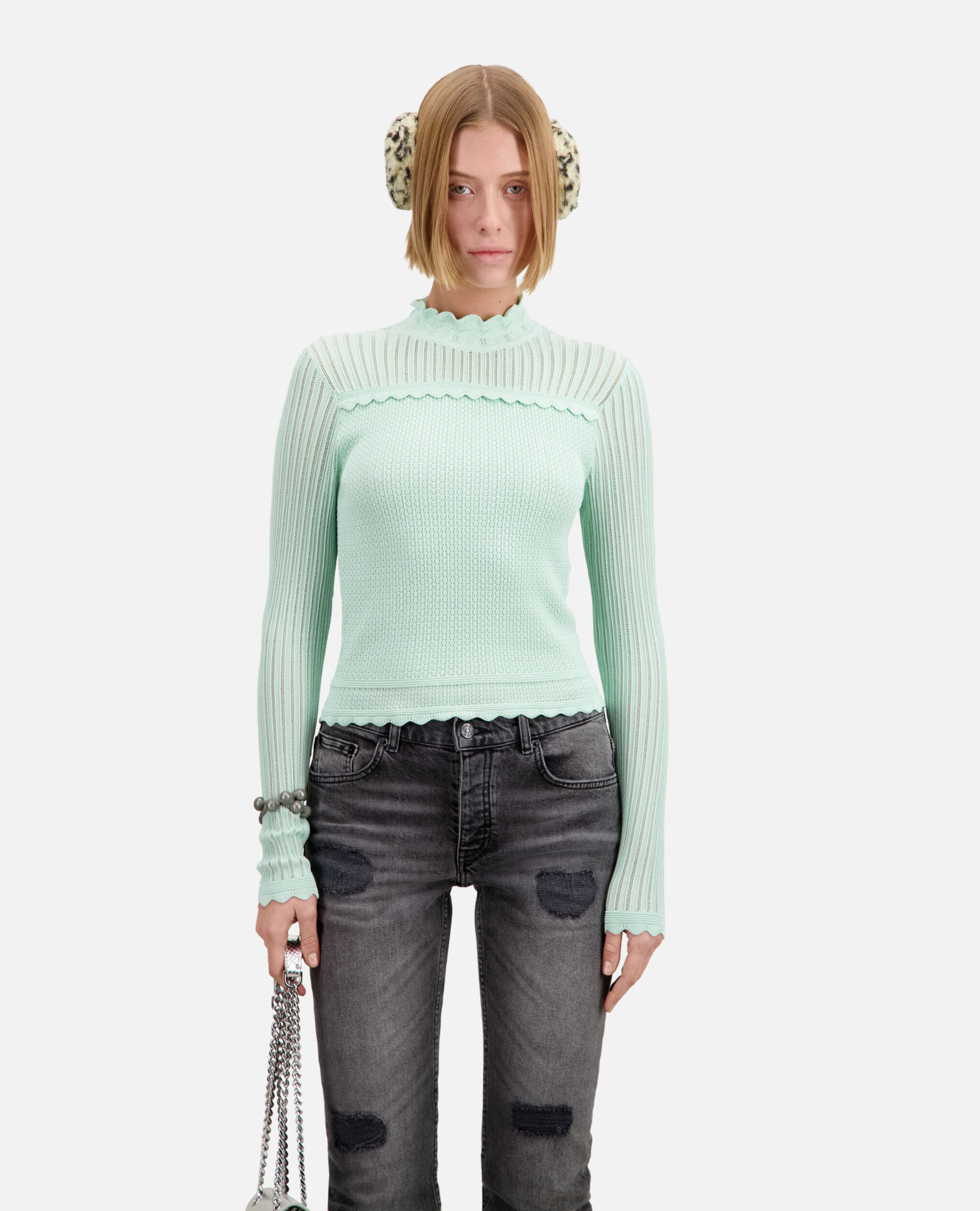 Cropped almond green sweater in openwork knit