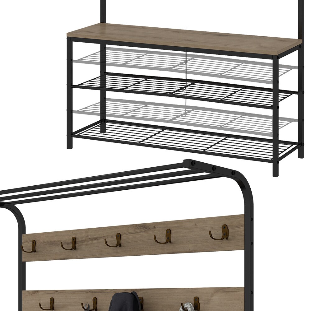 Vicco Garderobe Fyrk, 100 x 190 cm, Eiche Schwarz, Ablage, Bank & Schuhregal, Industrial