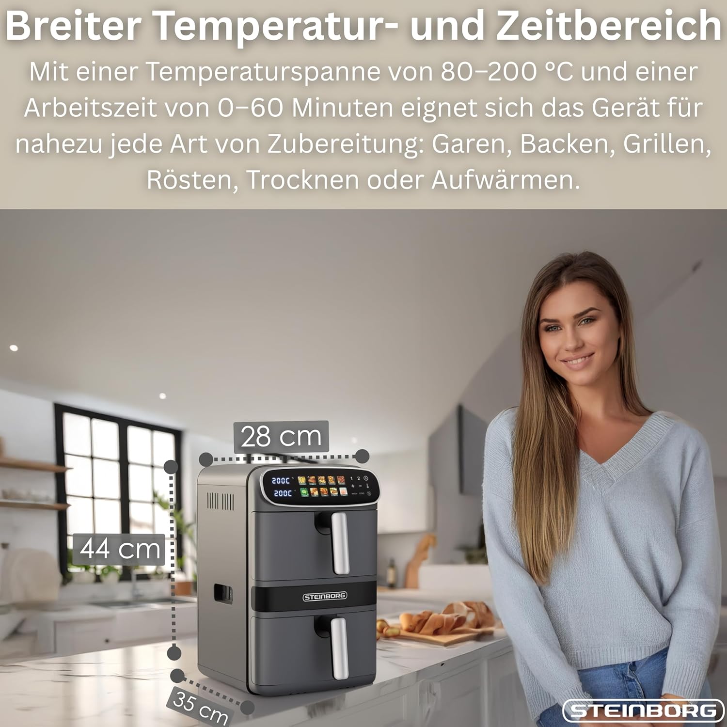 Steinborg® Heißluftfritteuse XXL 12 Liter Doppelkammer Heißluft-Frittieren Heissluftfritteuse 2 vertikale Schubladen 6L+6L Grillen Backen Dörren Frittieren Fritteuse ohne Öl Heißluftofen