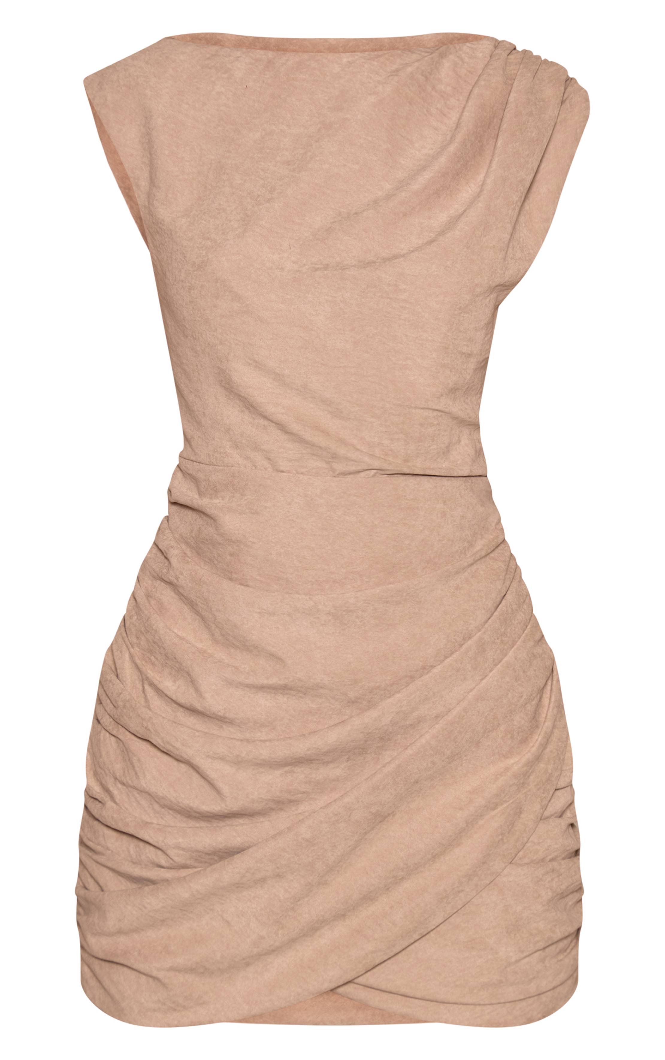 Beige Robe Courte Portefeuille Texturée Froncée