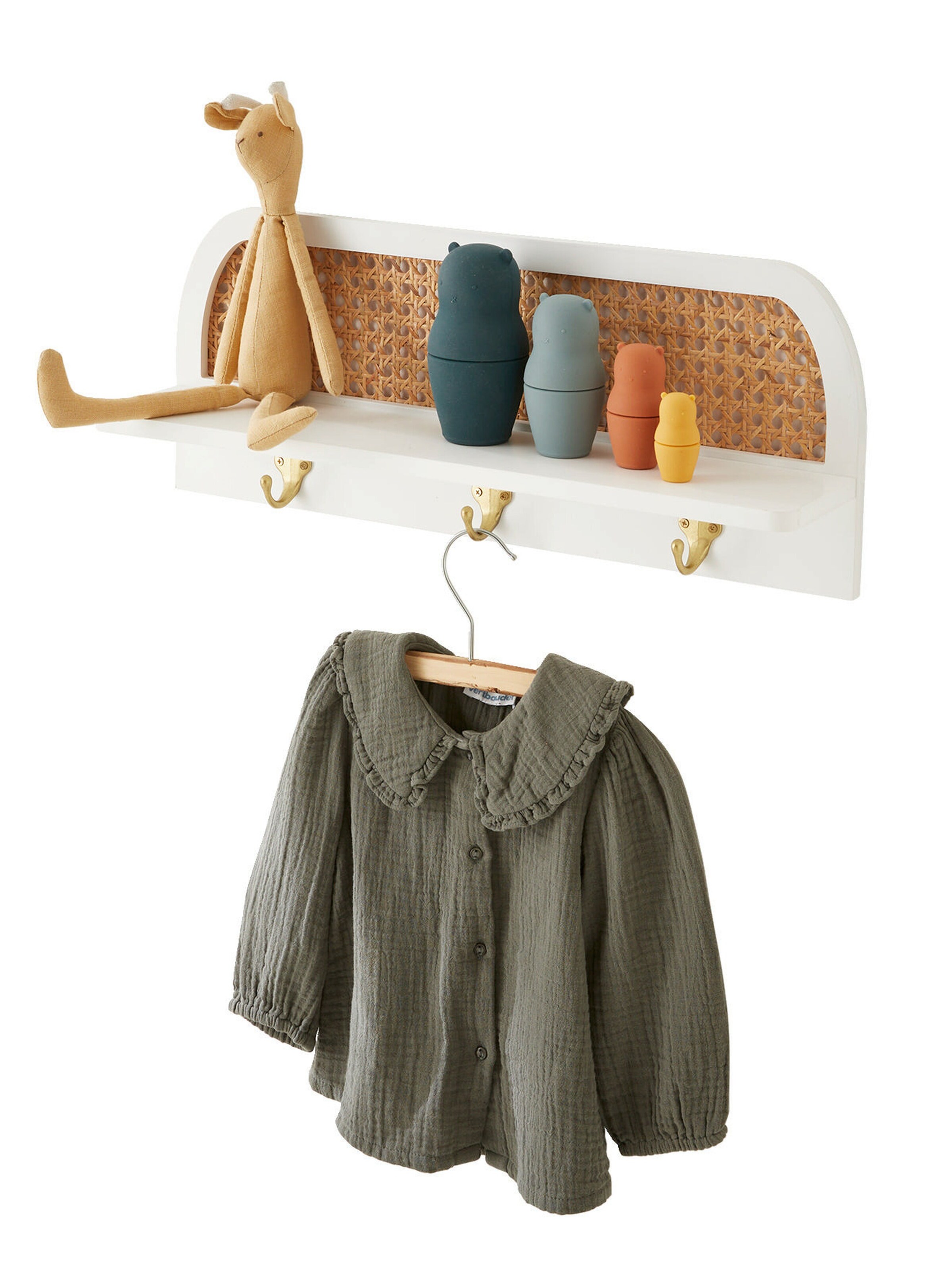 Vertbaudet Kinder Wandgarderobe mit Rattan POESIE weiß/natur