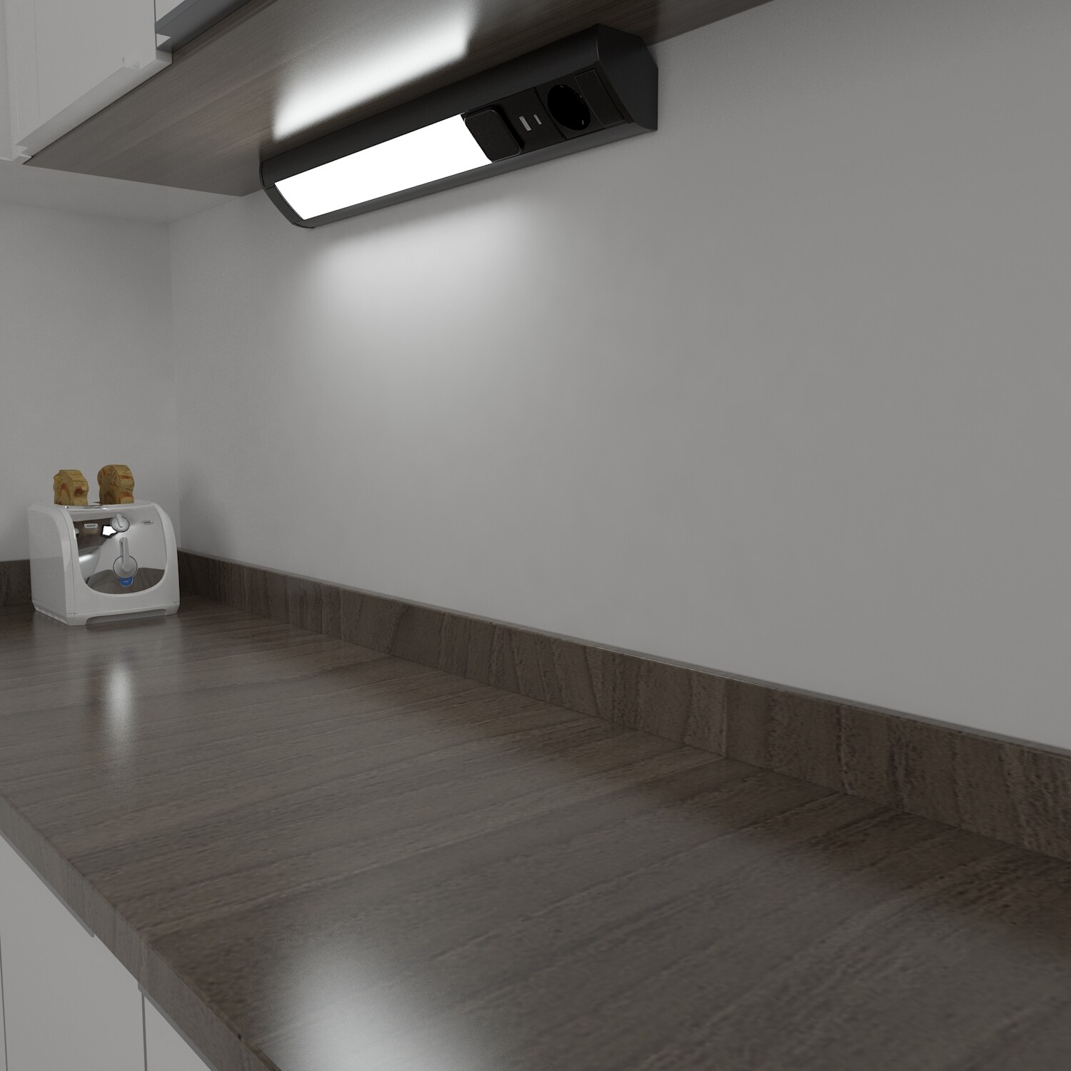 LED Unterbauleuchte mit Schalter und Steckdose, 230VAC Anschluss, 3000 Kelvin, USB-Port Typ A+C, Aluminium + ABS, IP20 silbergrau