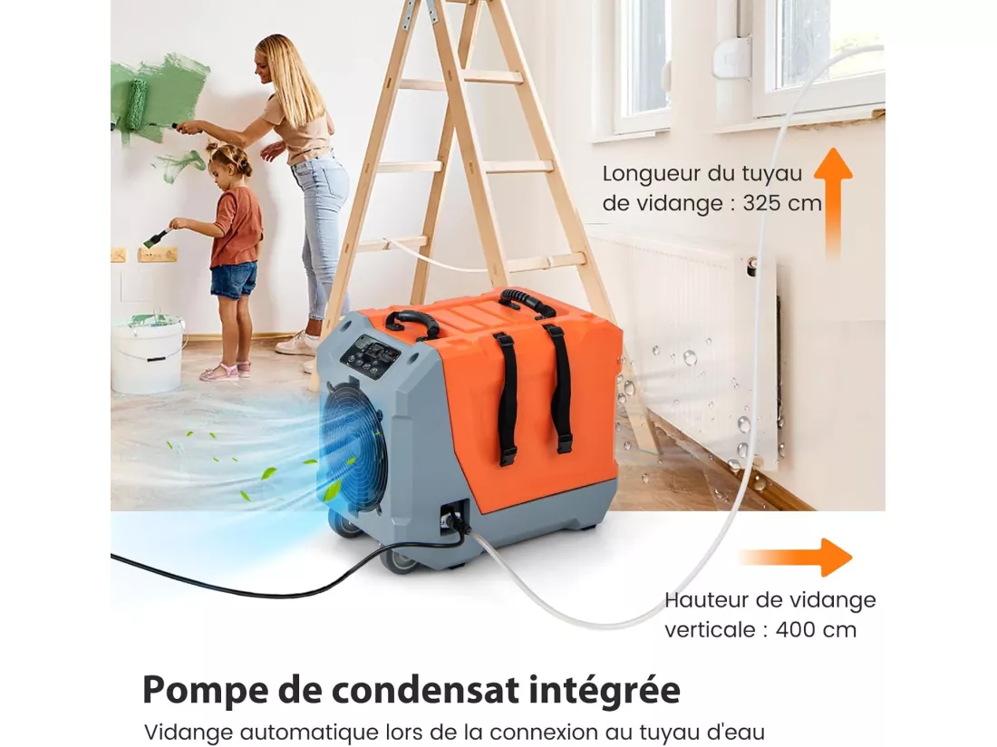Déshumidificateur Commercial 85L/Jour, avec Pompe et Tuyau de Vidange Dégivrage Automatique 2 Roues et Poignée Rétractable