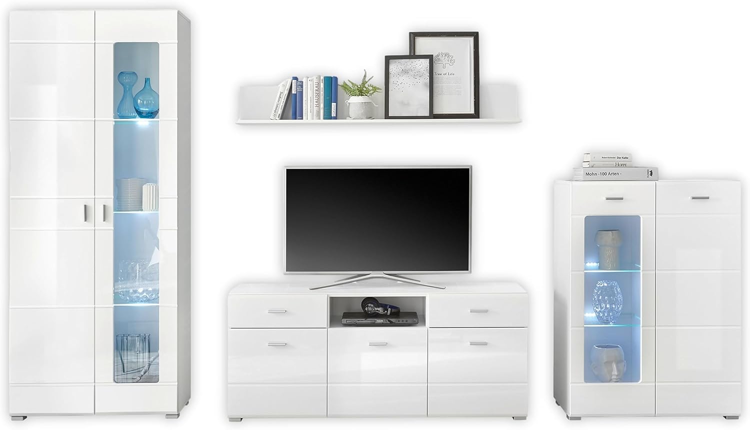 ENRIQUE Wohnwand Komplett-Set, Weiß Hochglanz - Moderne Schrankwand mit LED-Beleuchtung für Ihr Wohnzimmer - 330 x 194 x 42 cm (B/H/T)