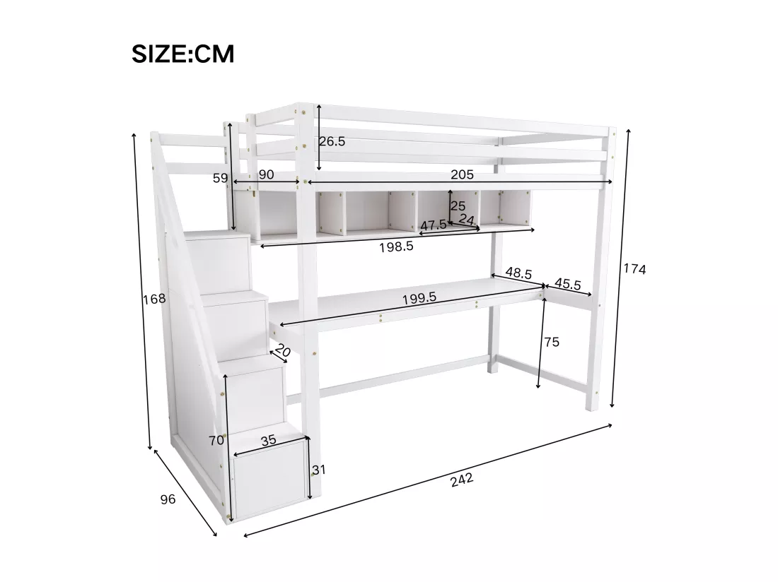 Lit mezzanine 90 x 200 cm avec bureau, tiroirs et étagères de rangement - Bois de pin - Blanc