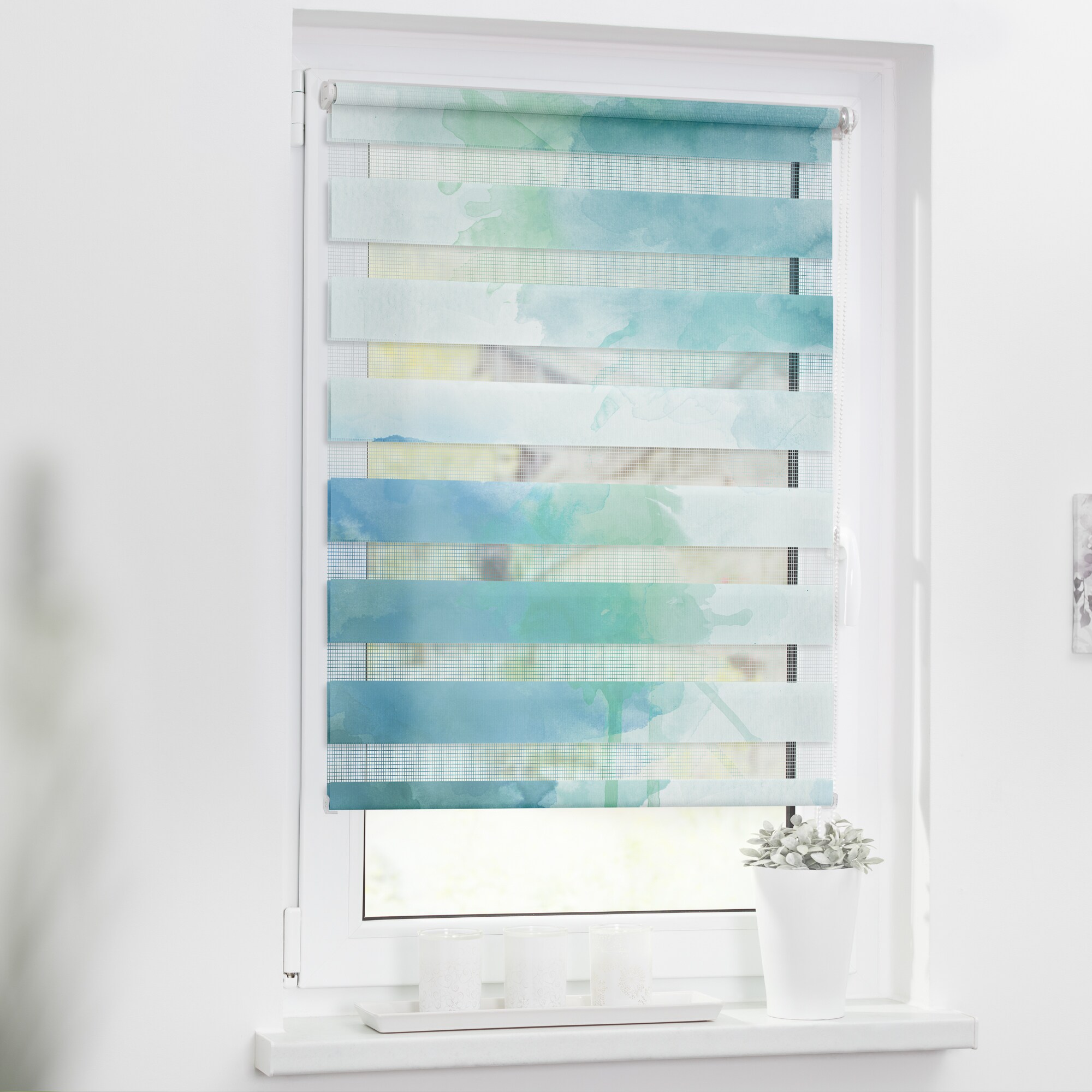 Lichtblick Duo Rollo Klemmfix, ohne Bohren, blickdicht, Aquarell - Blau Grün