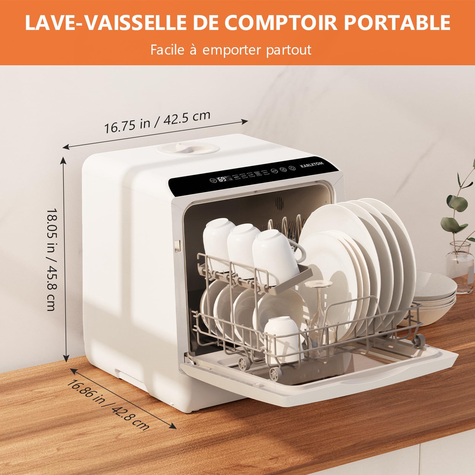 Karlxtom Lave-vaisselle de table, Mini Lave-vaisselle avec Comman destactiles à LED, 45CM, 6 Programmes, Lavage des fruits, Soins Pour Bébés