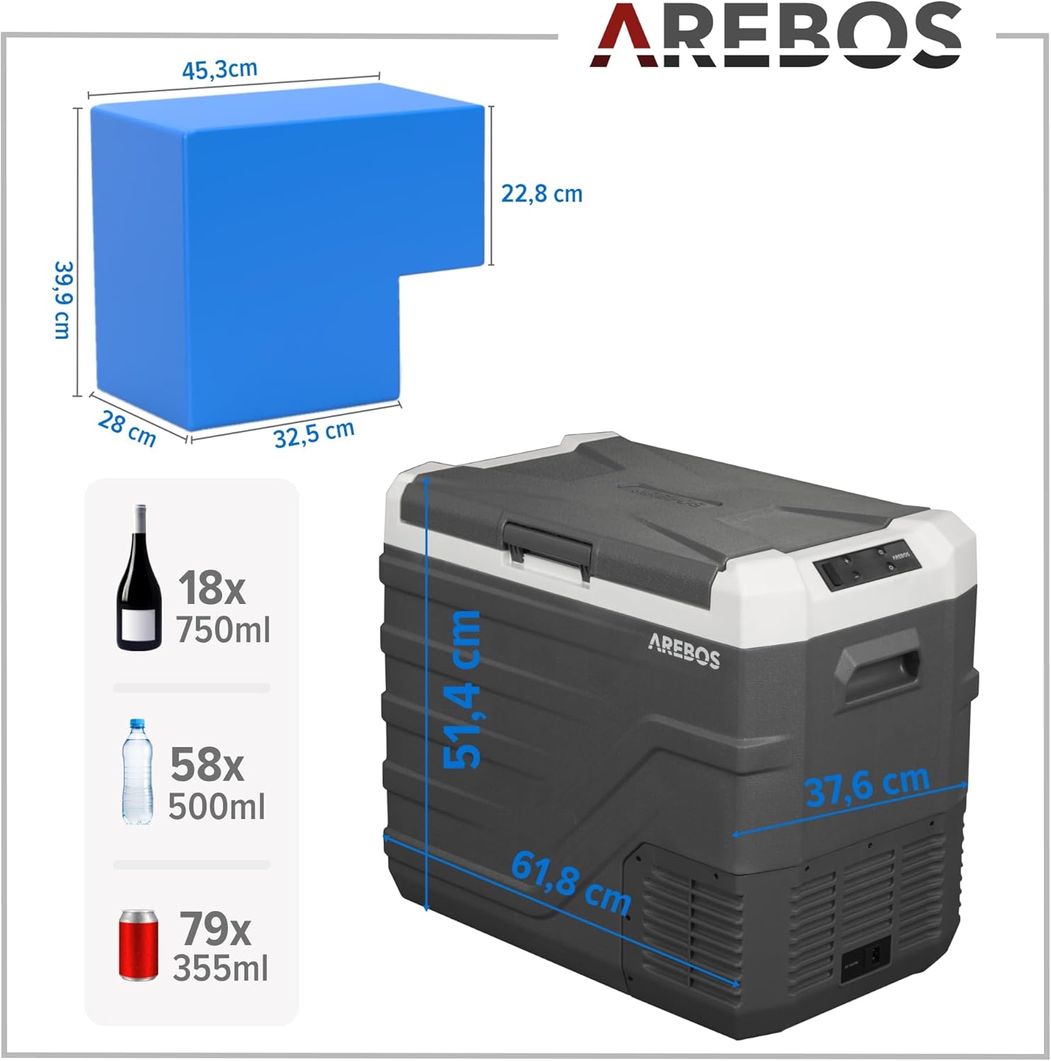 Arebos Kompressor Kühlbox 43 Liter | Elektrische Gefrierbox mit APP & Smart-Steuerung | Mobile Kühltruhe mit USB-Anschluss | bis -20 °C | 12/24 V 230V | für Auto,LKW,Camping,Boot,Wohnmobil