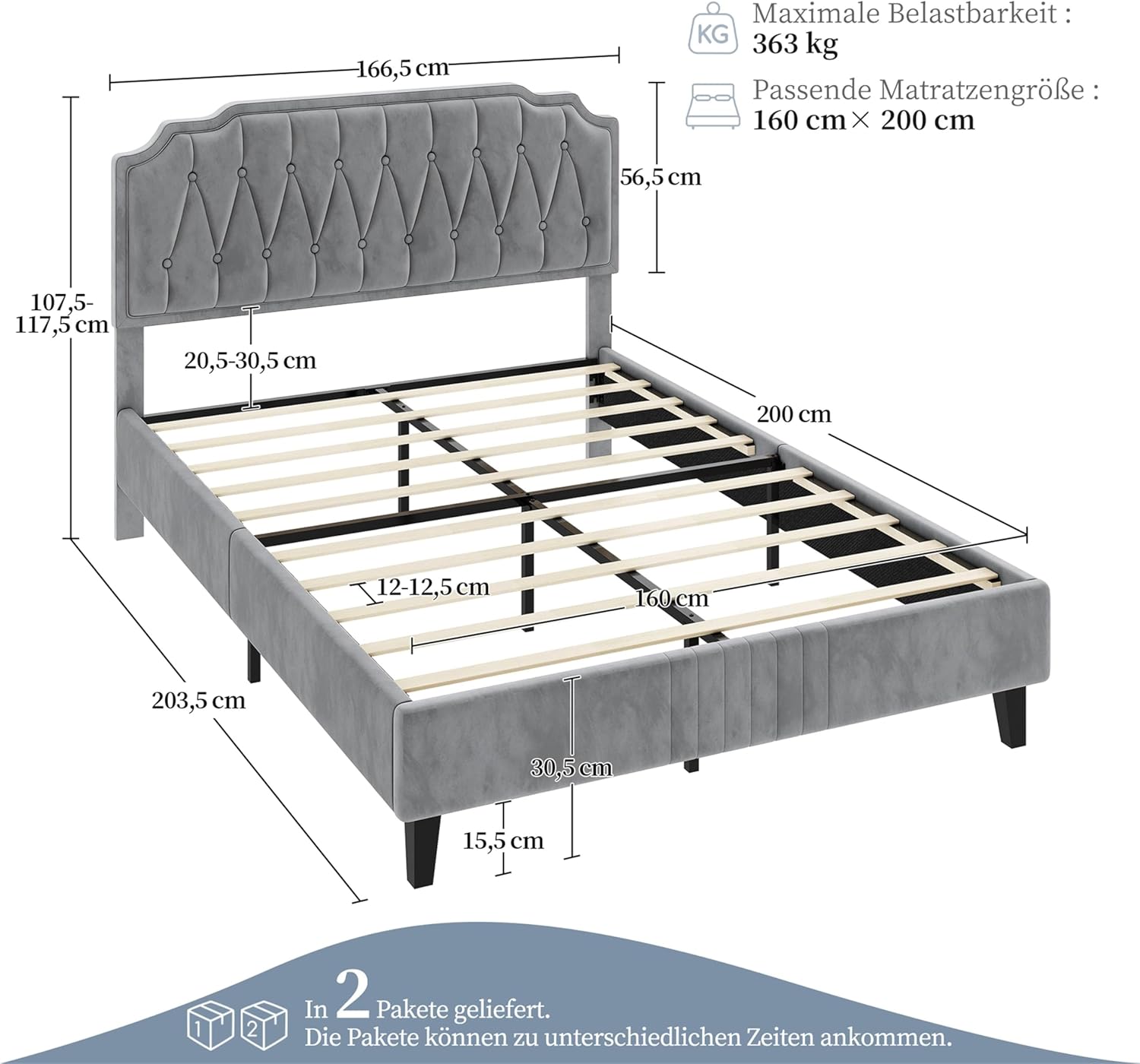 Yaheetech Polsterbett Doppelbett 160 x 200 cm Stoffbett Bettgestell Gepolstertes Bett mit höhenverstellbarem Kopfteil Bettrahmen mit Lattenrost, Hellgrau