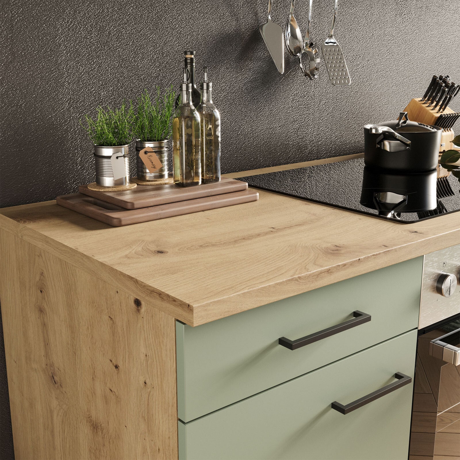 Küchenblock Cara Schilfgrün/Artisan Eiche NB 220cm