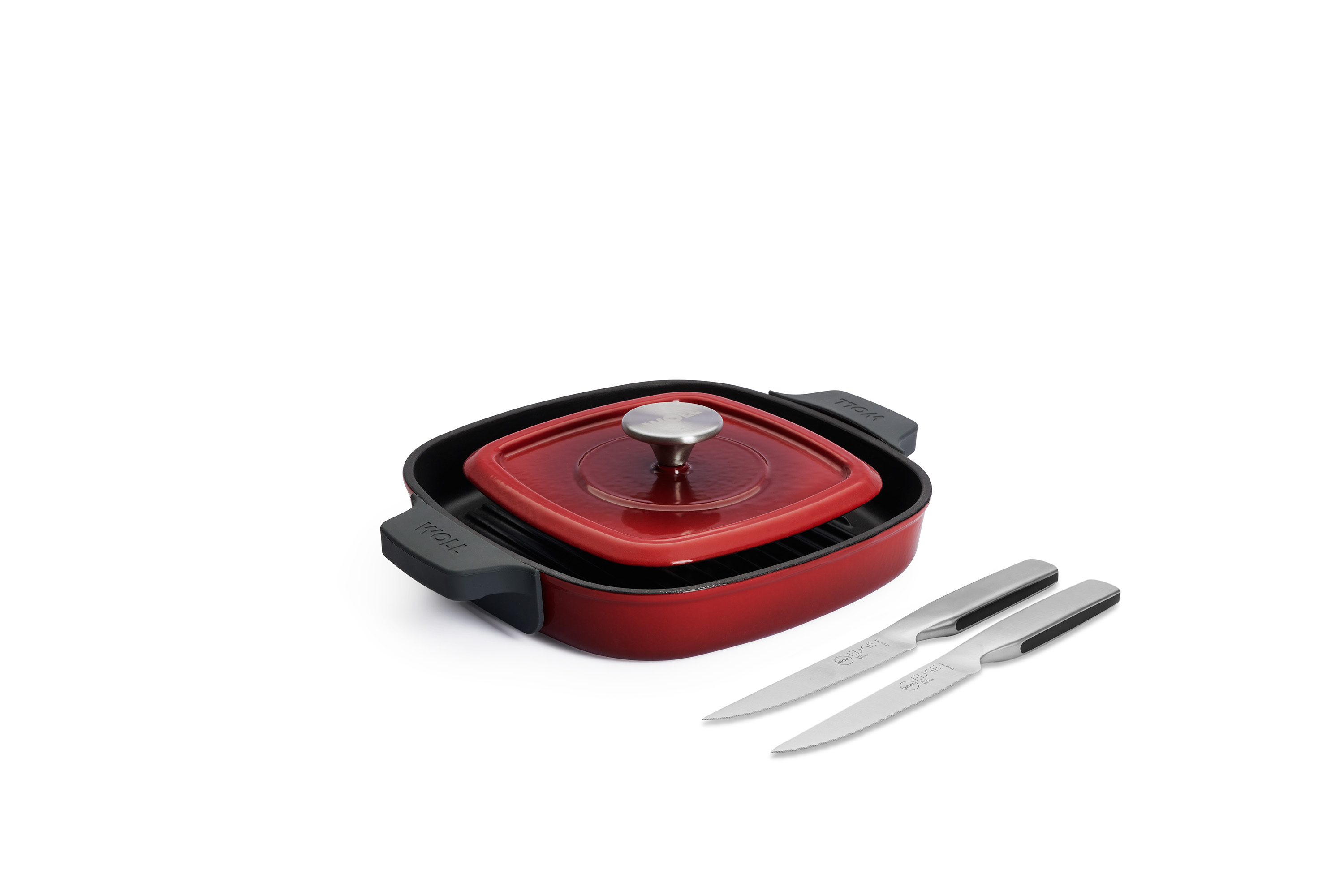 Iron Guss-Grillpfannen-Set mit 2 Steakmessern - Farbe: Chili Red