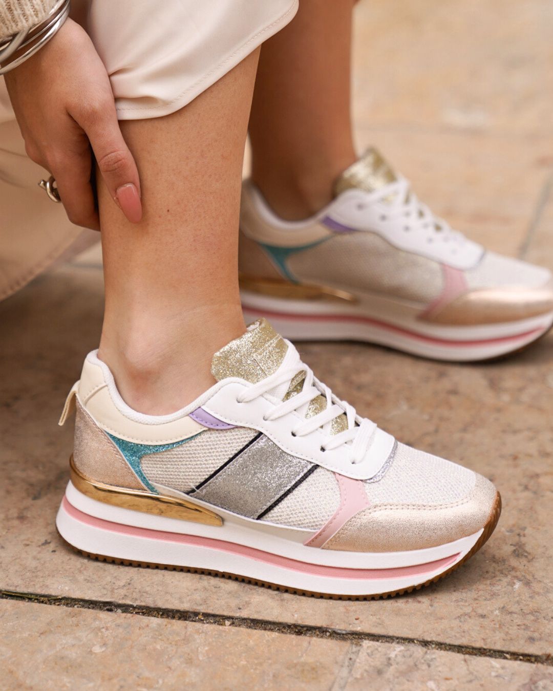 Basket femme champagne semelle épaisse à lacets - Lula