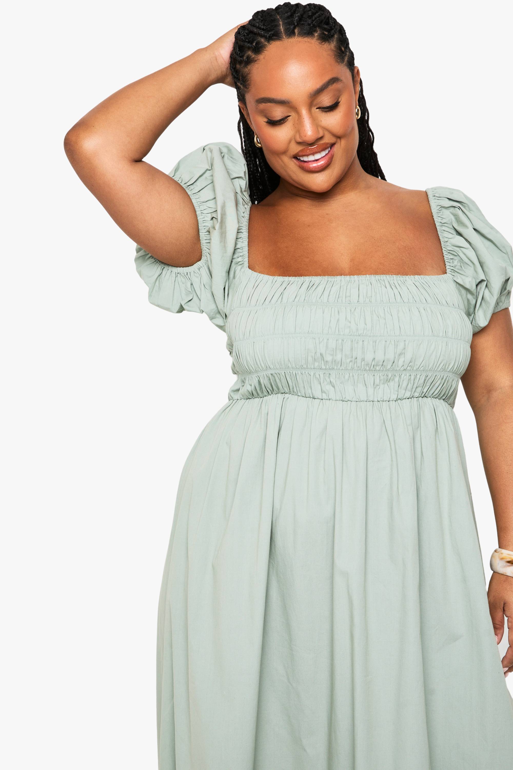 boohoo Robe Maxi Grande Taille En Popeline De Coton À Manches Bouffantes
