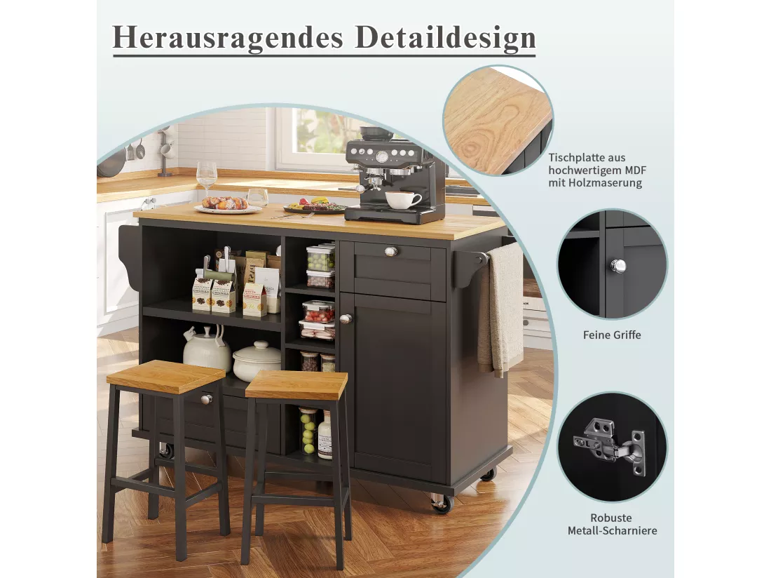 Ilot central de cuisine mobile avec une porte, 2 tiroirs et étagères de rangement ouverts - 129 x 46 x 92 cm - Bois MDF - Noir
