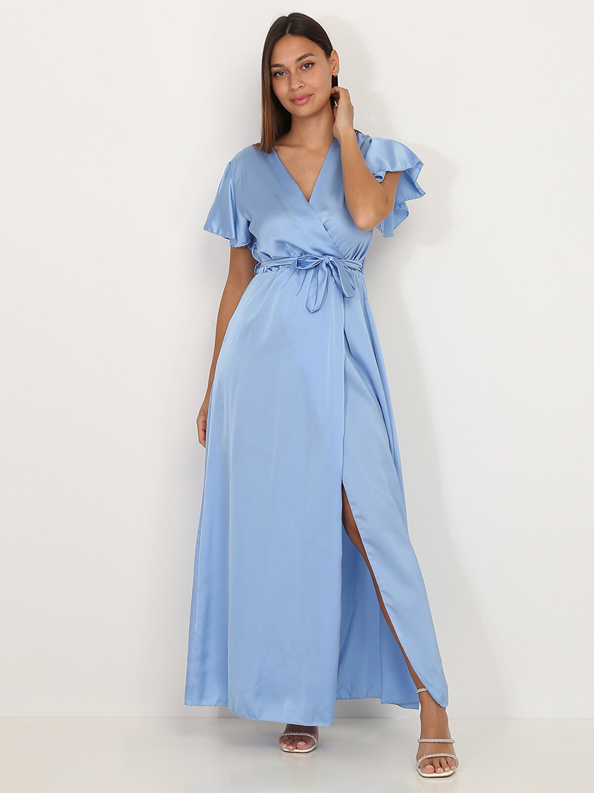 Robe longue cache cœur fendue- Bleu clair