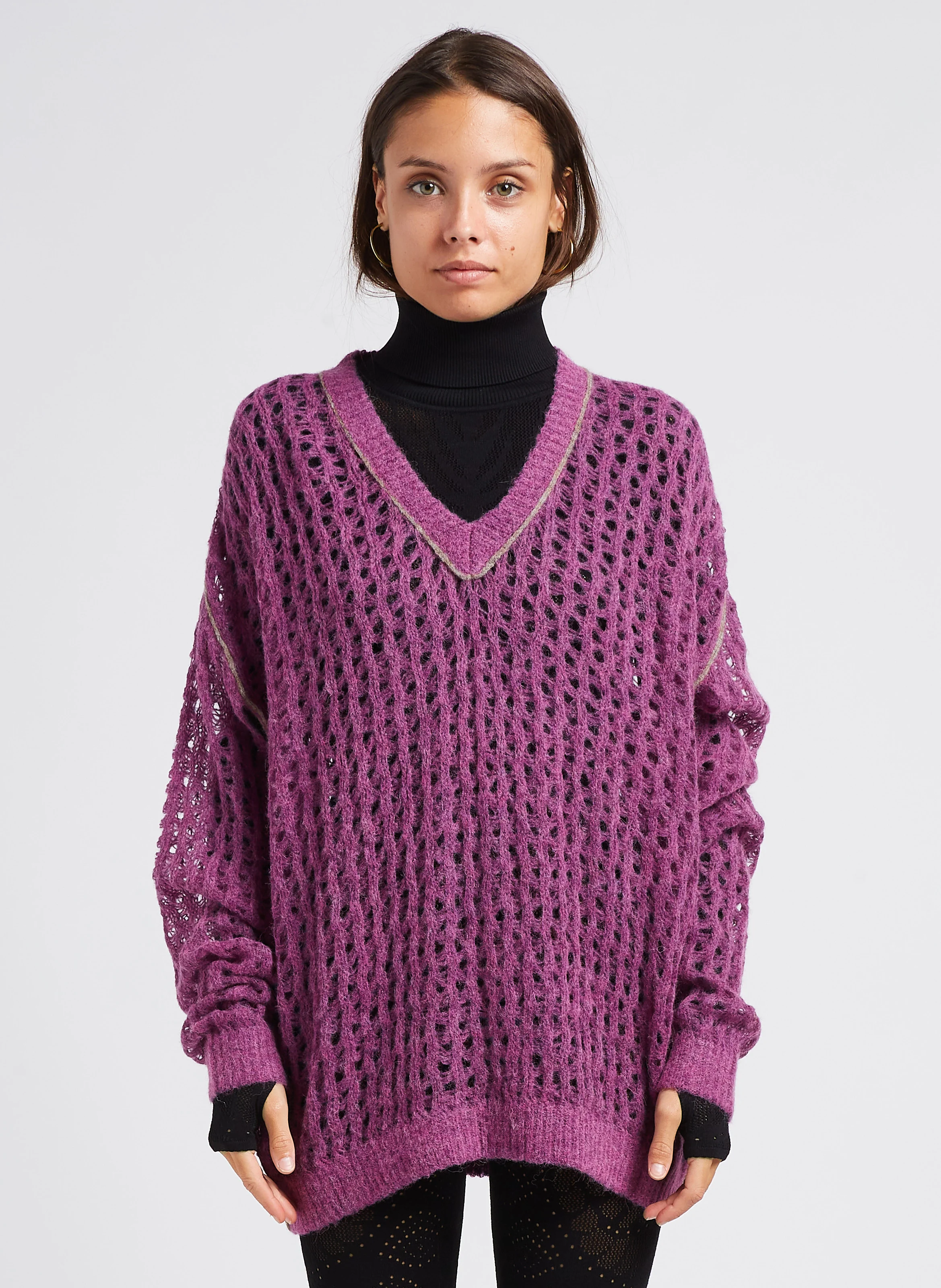 TAKEKO - Pull col V en maille filet | Rose