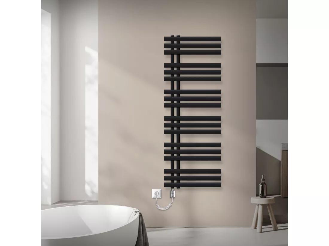 Radiateur sèche-serviettes de salle de bain noir 50x140 cm avec résistance 1200W