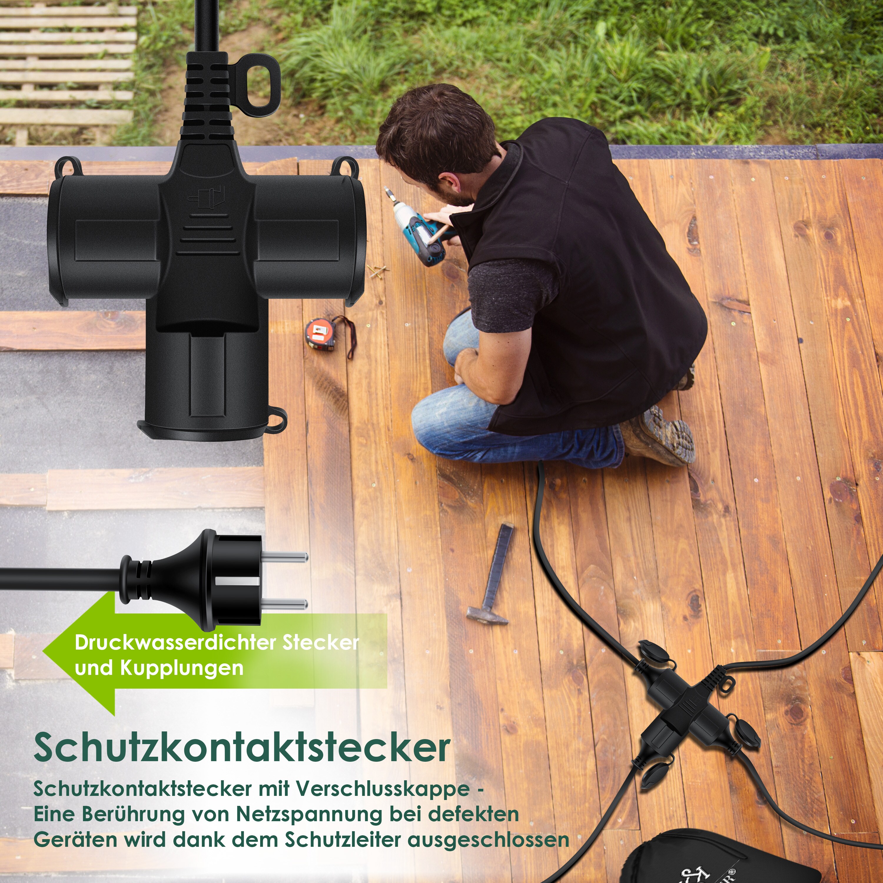 KESSER® Verlängerungskabel mit Schutzkappe Outdoor - für Innenbereich Außenbereich - Verlängerung Stromkabel – 230 V IP44 - Schutzkontakt Baustellenkabel Schutzkontaktstecker