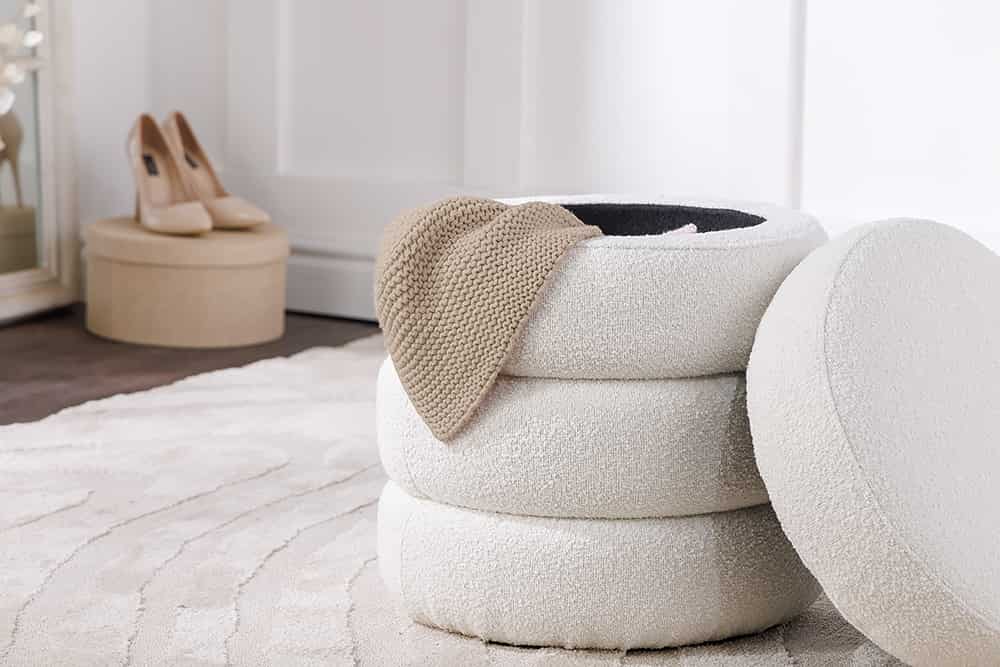 Runder Hocker VOGUE 50cm creme weiß Bouclé Polsterhocker mit Stauraum