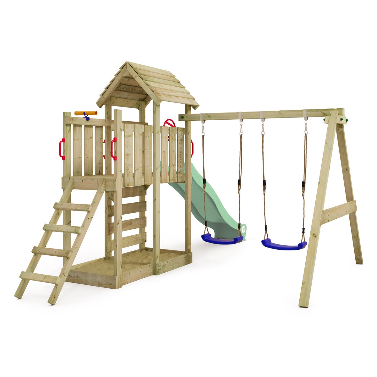 WICKEY MultiFlyer Houten Dak Klimrek met Schommel en Glijbaan, Klimtoren met Houten Dak, Zandbak, Ladder en Speelaccessoires – Pastelgroen