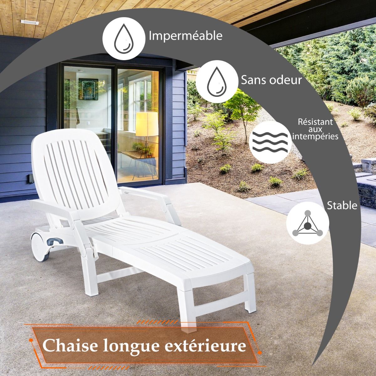 Chaise Longue Inclinable Réglable à 5 Positions avec Roues Flexibles Fauteuil Relax de Camping avec Boîte de Rangement Charge 150KG Blanc - Lidl-Manfred