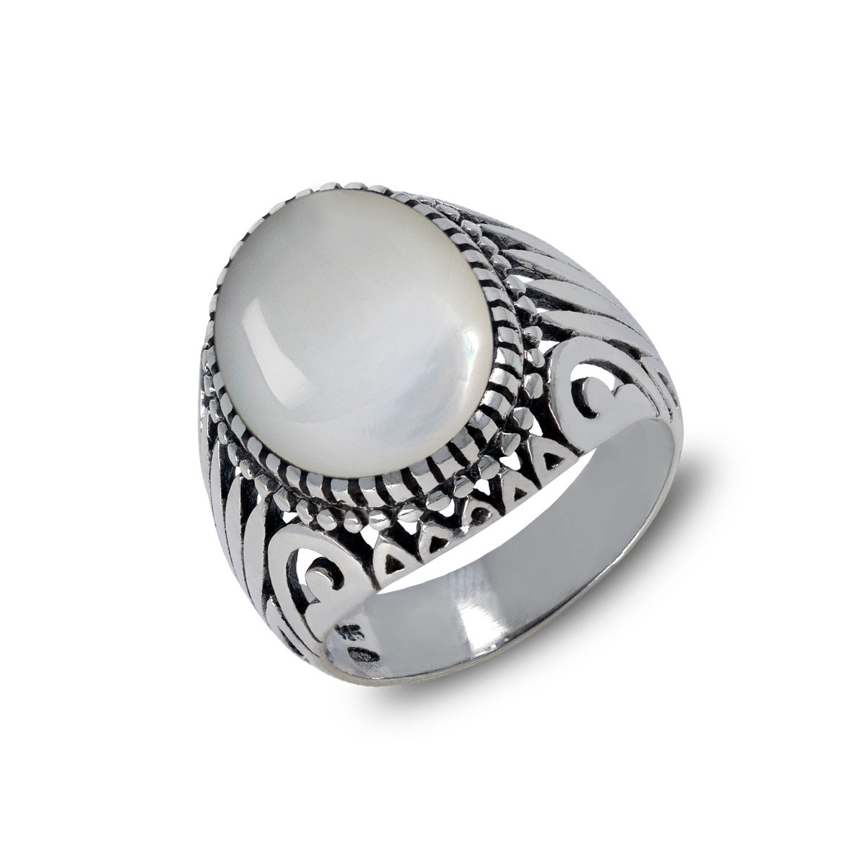 Bague Homme Stylisée en Argent Massif Vieilli avec Pierre Blanche | Aden