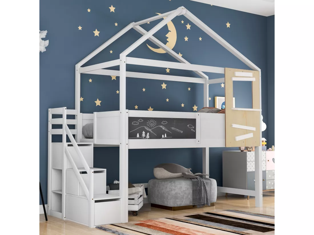 Lit cabane enfant,90x200cm,avec escalier,avec tiroirs et barrière de protection,fille,garçon,cadre en bois massif,blanc