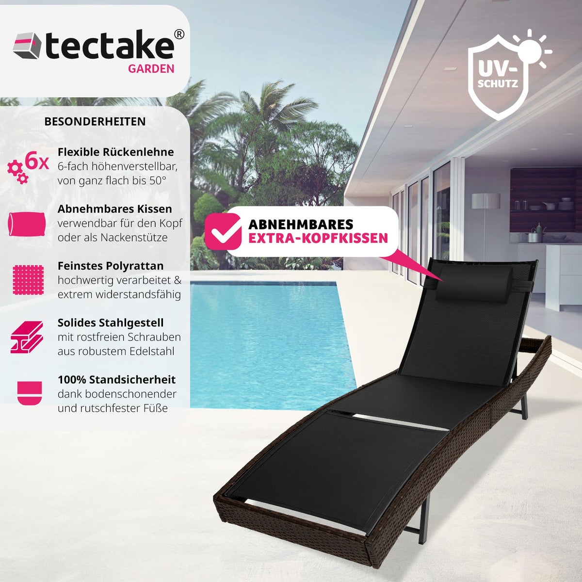 Rotan ligstoel tectake Moana, duurzaam en UV-bestendig, 69 x 211 x 41 - 94 cm