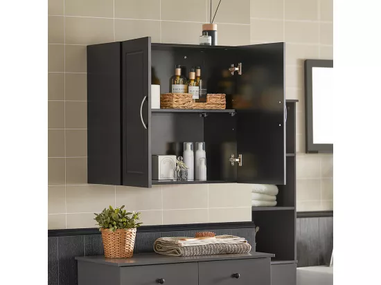Meuble Haut Armoire de Toilettes Salle de Bain Suspendue 2 Portes Noir, FRG231-SCH
