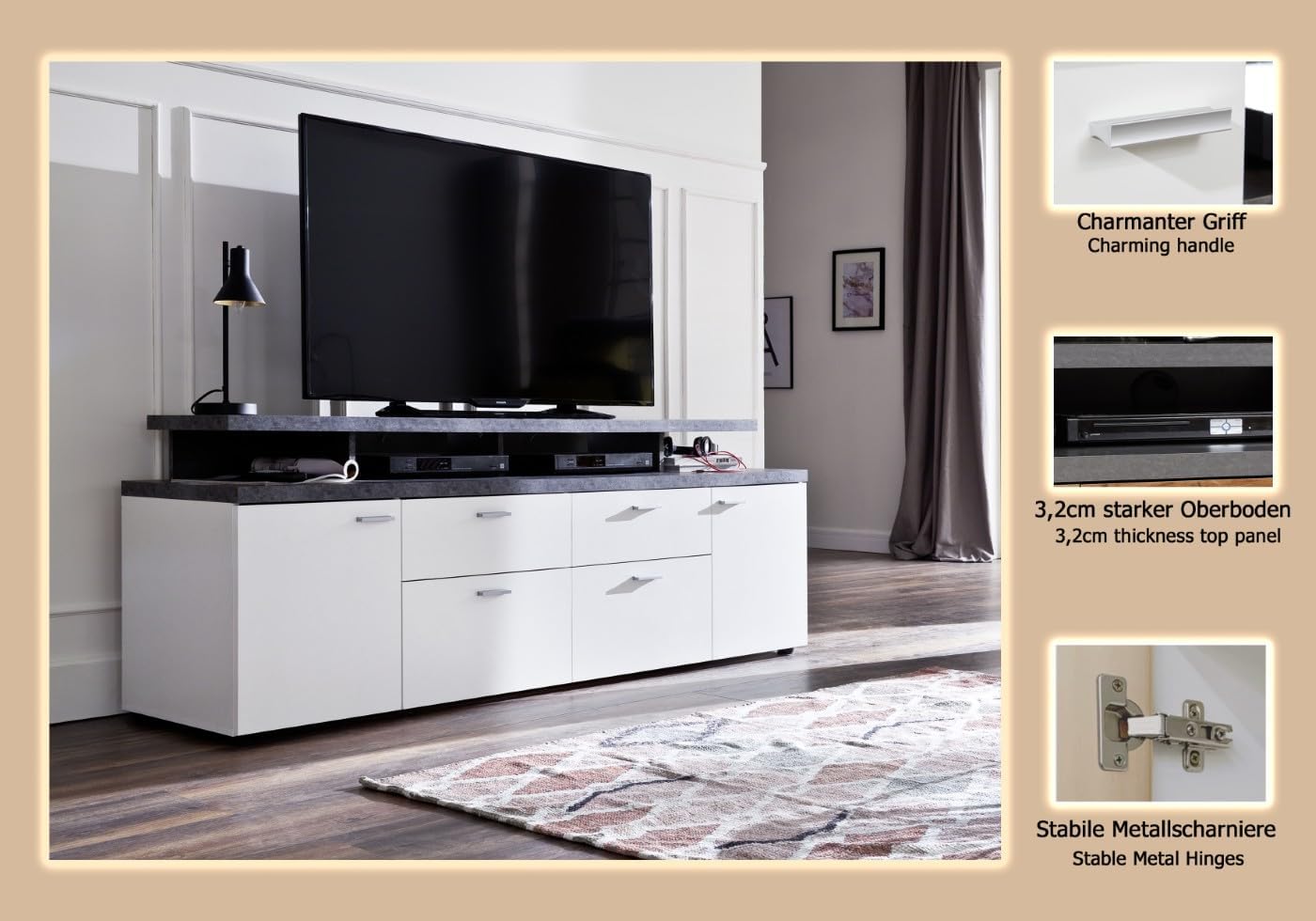 trendteam smart living - Mood - TV-Schrank - Weiß/Grau - TV-Lowboard mit 2 Türen, 2 Schubladen und 2 Klappen - (BxHxT) 180 x 66 x 47 cm - Kabeldurchführung