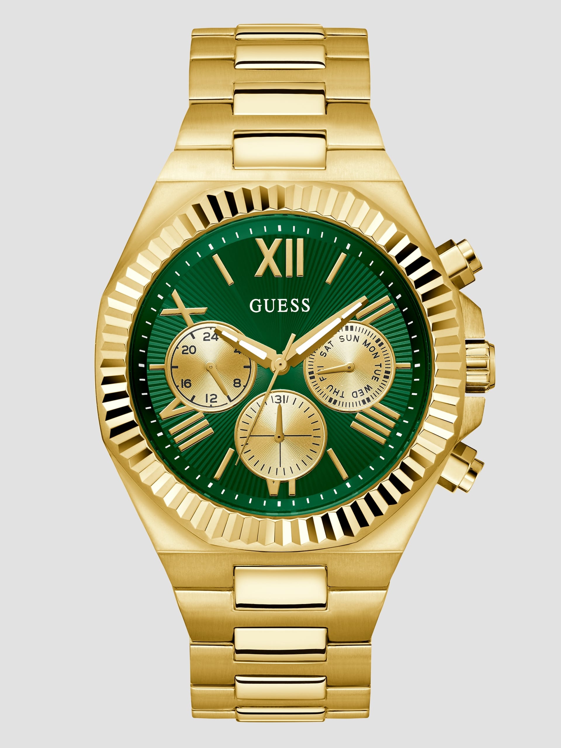 Relógio multifuncional dourado e verde