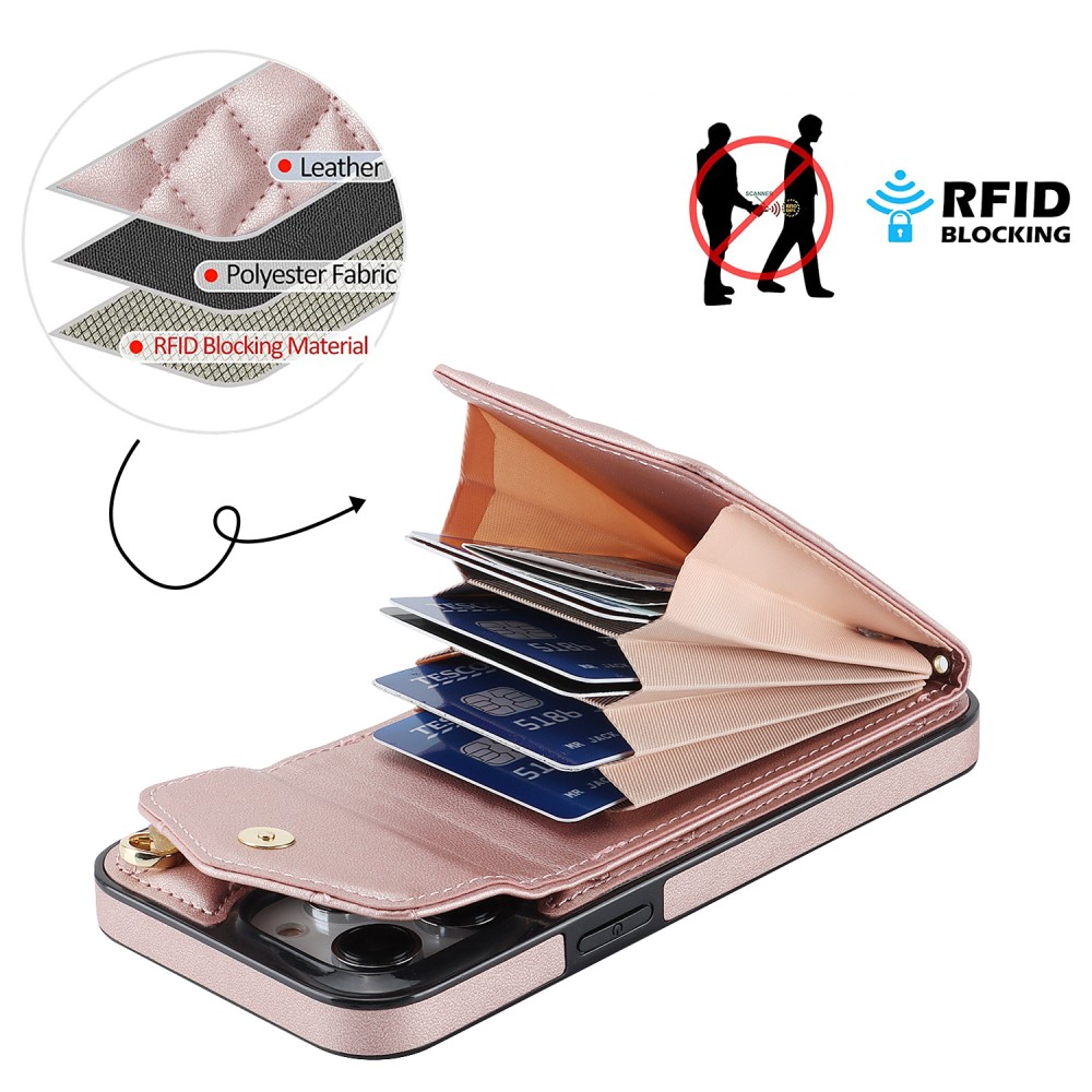 iPhone 15 Pro Necklace Leder Hülle mit Kartenfächer   Finger Griff Halterung   Handykette (RFID Schutz) - Roségold