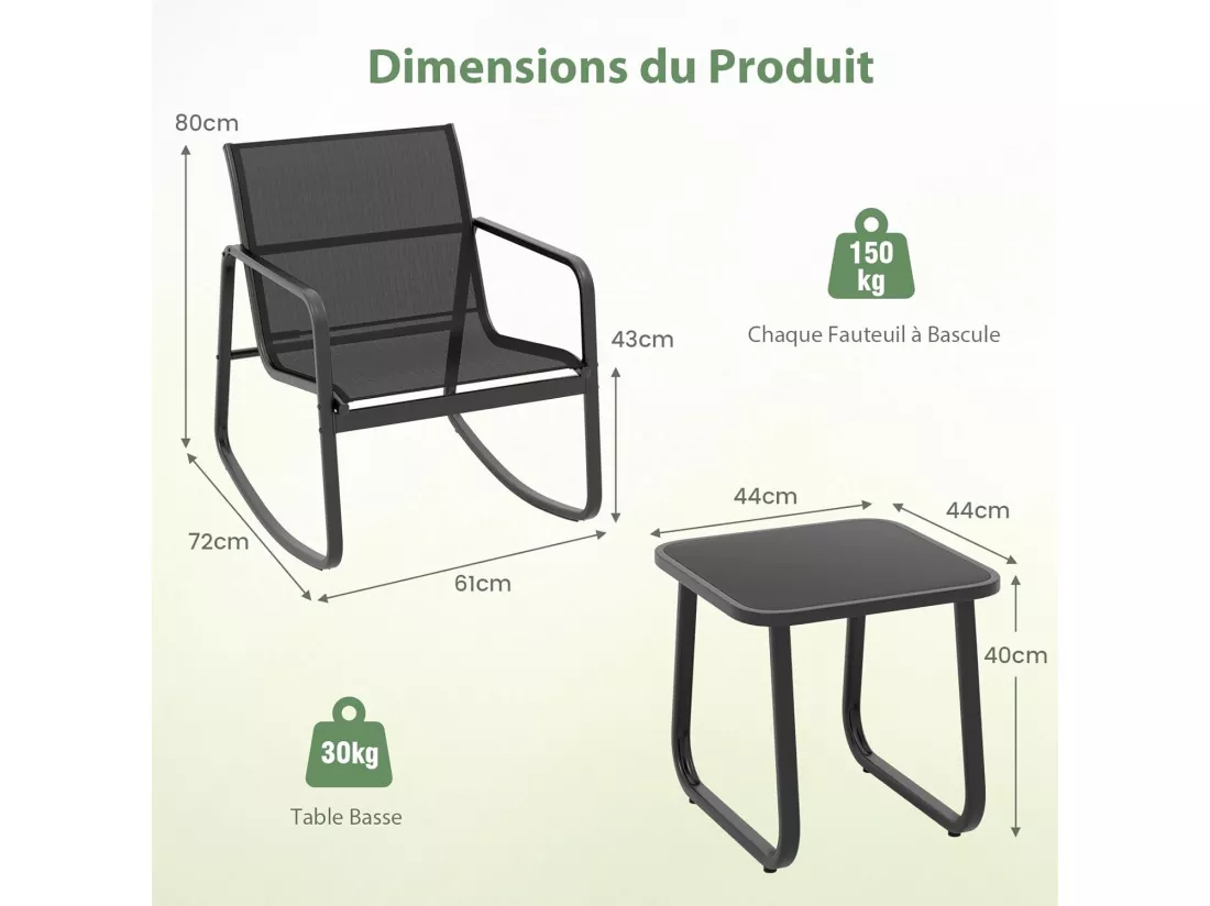 Salon de Jardin 3 Pièces avec Chaises à Bascule Table en Verre, Ensemble de Meuble Extérieur 2 Fauteuils Cadre Métallique Charge 150KG, pour Porche Bord de Piscine Balcon