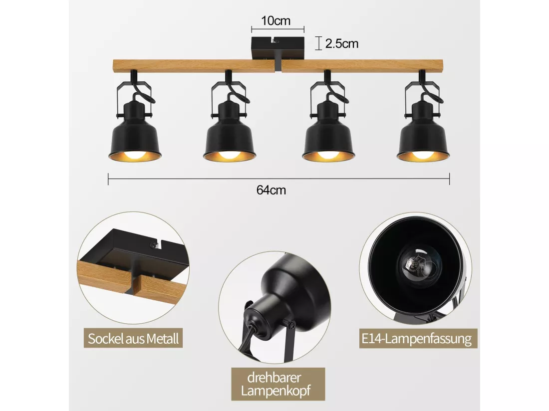 NETTLIFE Spot de Plafond 4 Flammes Orientable à 350° Vintage E14 de conception de haute qualité en bois veiné