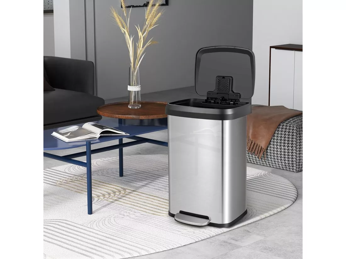 Poubelle Cuisine 50 Litres en Acier Métal, Poubelle Rectangulaire Pédale Amortisseur, Casier Désodorisant, Couvercle Fermeture Douce, Anti-Empreintes, pour Bureau, Salle de Bain (Argent)