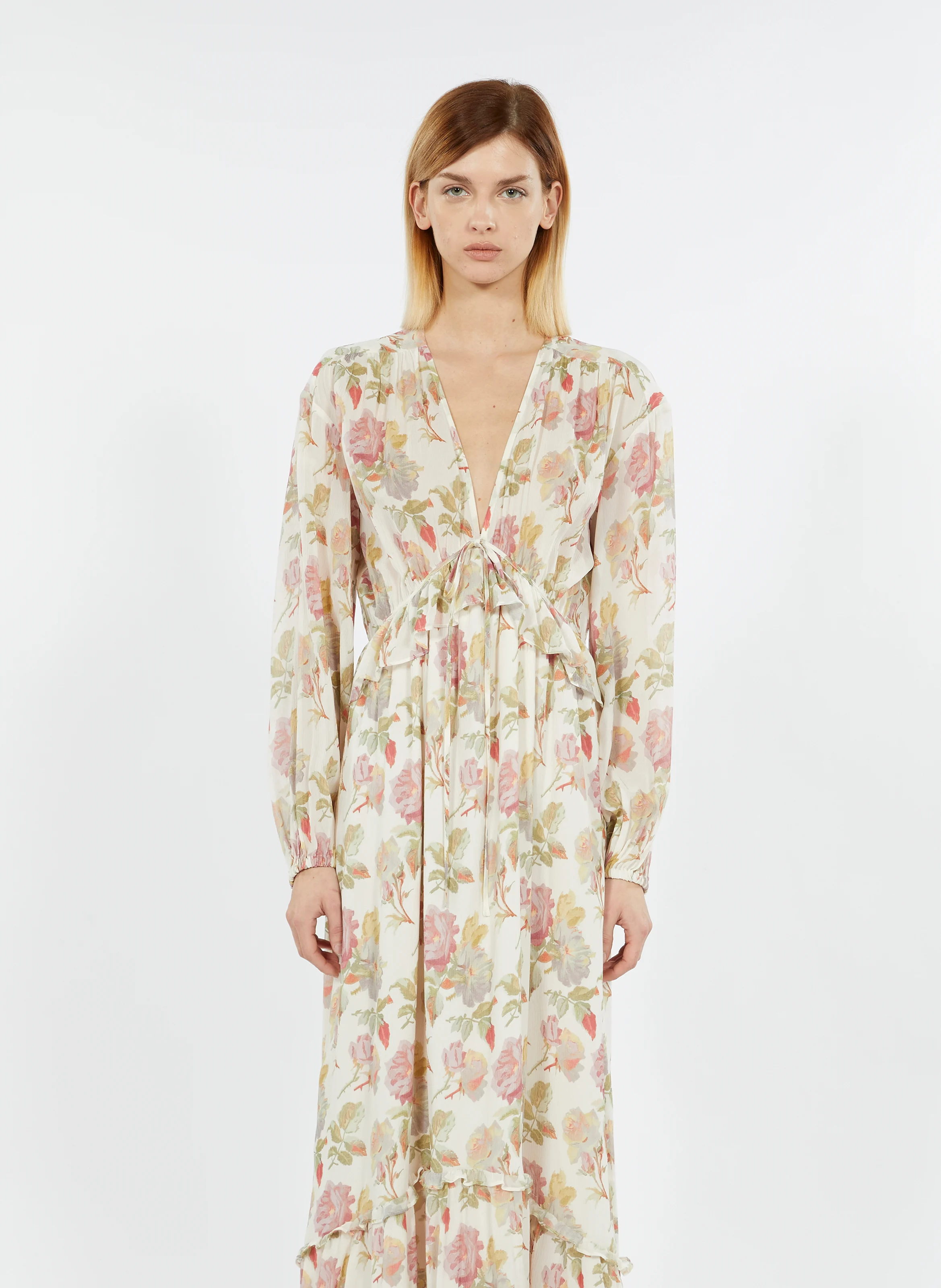 Robe longue imprimée en soie | Beige